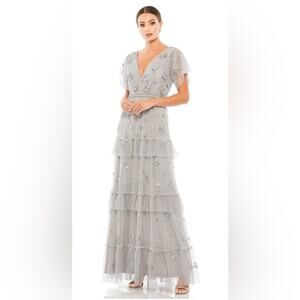 Mac Duggal Ruffle Tiered Embellished Flutter Sleeve Gown Size 10 Style 9068 NWOT